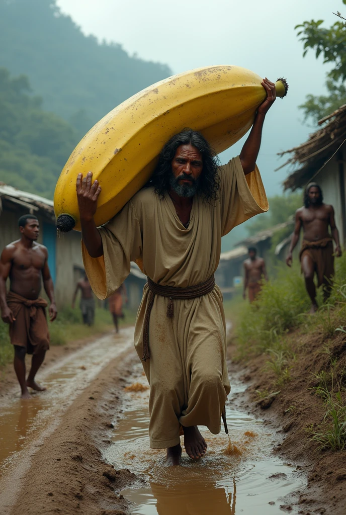  Create a  scene of real Jesus Christ.  struggling to carry a giant banana on his sholder up a muddy, rural road in a mountainous village. The sky is overcast, reflecting his effort and suffering. Jesus crist is visibly sweating and tears are streaming down his face. He is crying Villagers are watching him with expressions of awe and concern. The road is rough and the village is rustic, with simple, traditional houses in the background."

