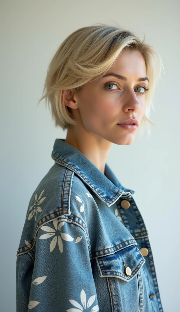 Yes, I will briefly detail the characteristics of this image:.

 - The person is a woman with short blonde hair, in profile.
 - Her face has a serious expression and her eyes are looking seriously forward
 - She is wearing a floral denim jacket with an ornate design
 - The background is a simple white wall.
 - Overall, the photo gives an impression of elegance and sophistication
