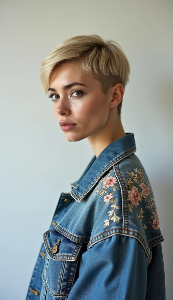 Yes, I will briefly detail the characteristics of this image:.
- The person is a woman with short blonde hair, in profile.
- Her face has a serious expression and her eyes are looking seriously forward
- She is wearing a floral denim jacket with an ornate design
- The background is a simple white wall.
- Overall, the photo gives an impression of elegance and sophistication