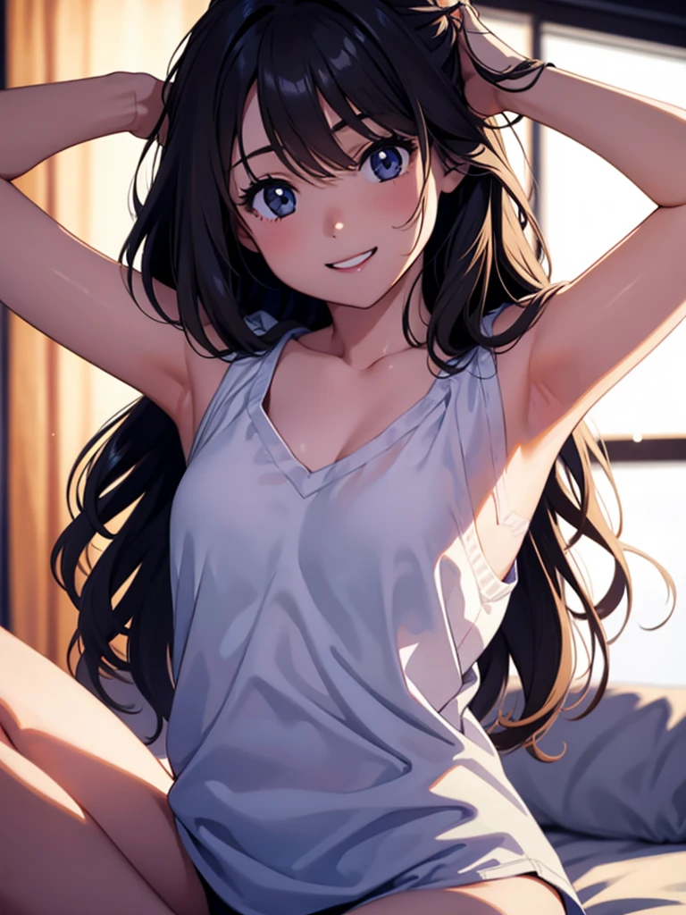 Girl,cute,cute,Chest to head,smile,Straight Hair,Long Hair,Black Hair,sitting,Bedroom,bra top,looking at the camera,Raise your arms,night