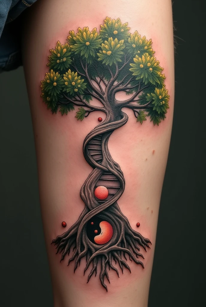 Create a detailed Tree of Life tattoo with the following elements:
- **Roots:** The roots of the tree should be represented as a DNA double helix. At the ends of these roots, each tip must be shaped like sperm, symbolizing the path of the ????? to fertilization.
- **Caule:**
- At the beginning of the stem, there must be an egg in metaphase 2.
- Just above, the fertilized egg must be shown.
- Climbing higher up the stem, there must be a representation of embryonic cleavage at D2, with 2 cells.
- Further up, cleavage at D3 with 8 cells.
- Even higher up, a representation of a Morula.
- At the top of the stem, there must be a Blastocyst.
- **foliage:** The leaves of the tree must represent a placenta, with a baby growing inside, symbolizing the development of life.
- **General Style:** The tattoo should have a biological and naturalistic style, with details that show the process of life development, from conception to the fetal stage, integrating into the tree structure.