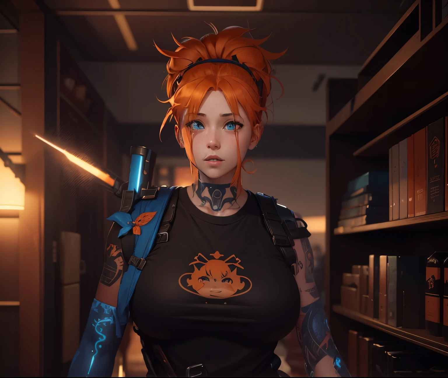 anime, girl, pos apocaliptica, orange bun hair, cute, blushed, blue t-shit, tattoos, weapons on her back, honey eyes, cute face, best quality, 4k