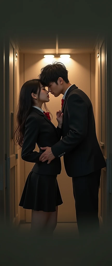 A handsome CEO with his pretty girlfriend,qui porte son uniforme sexy de lycée en train de romancer avec lui dans son bureau de luxe la nuit.
While'he lets her hair down carefully and romantically., tetas grandes, hug from behind.