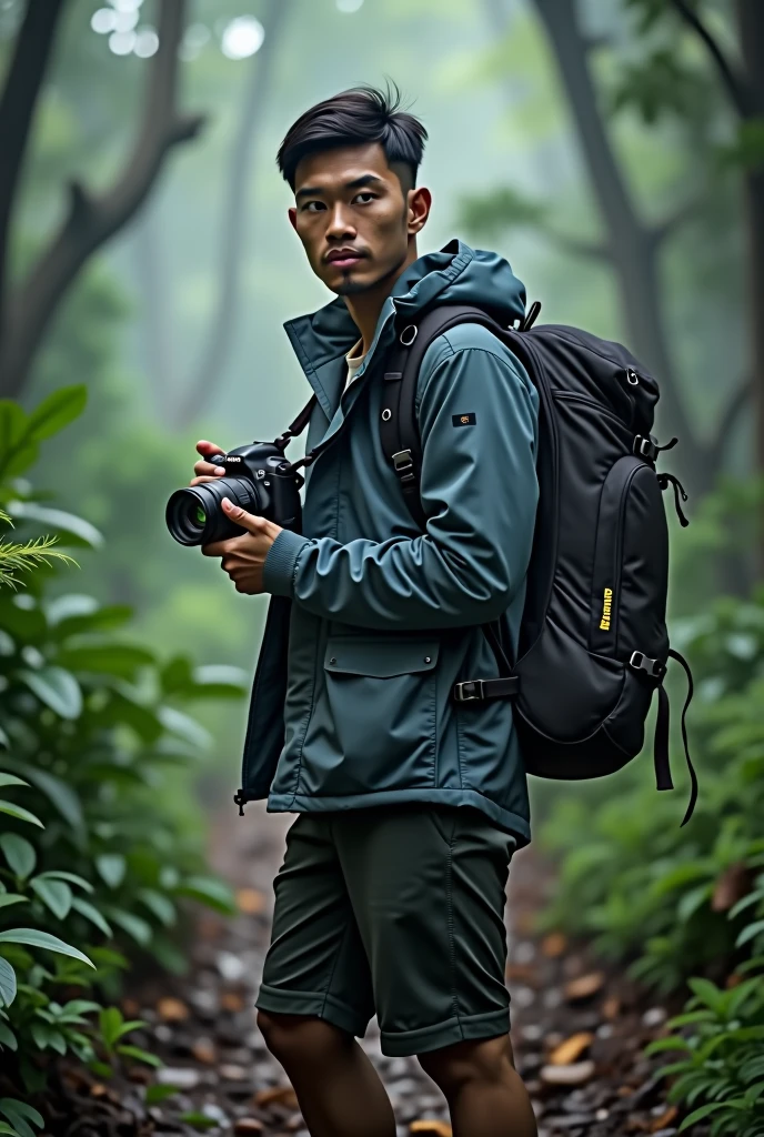 A full body, cinematic portrait of a Malay-looking man with short hair wearing boots. He is 170 cm tall and weighs 70 kg. He is wearing a shorts and  jacket and a North Face backpack, standing in a rainforest with a Nikon DSLR camera. He is an outdoor photographer. The background has subtle light, creating a magical rainforest scene. The man is walking in the rainforest, creating a mystical rainforest atmosphere. He is a professional photographer doing an advertising shoot. His face is looking at the camera, and the portrait is taken from the side. The image should be realistic.