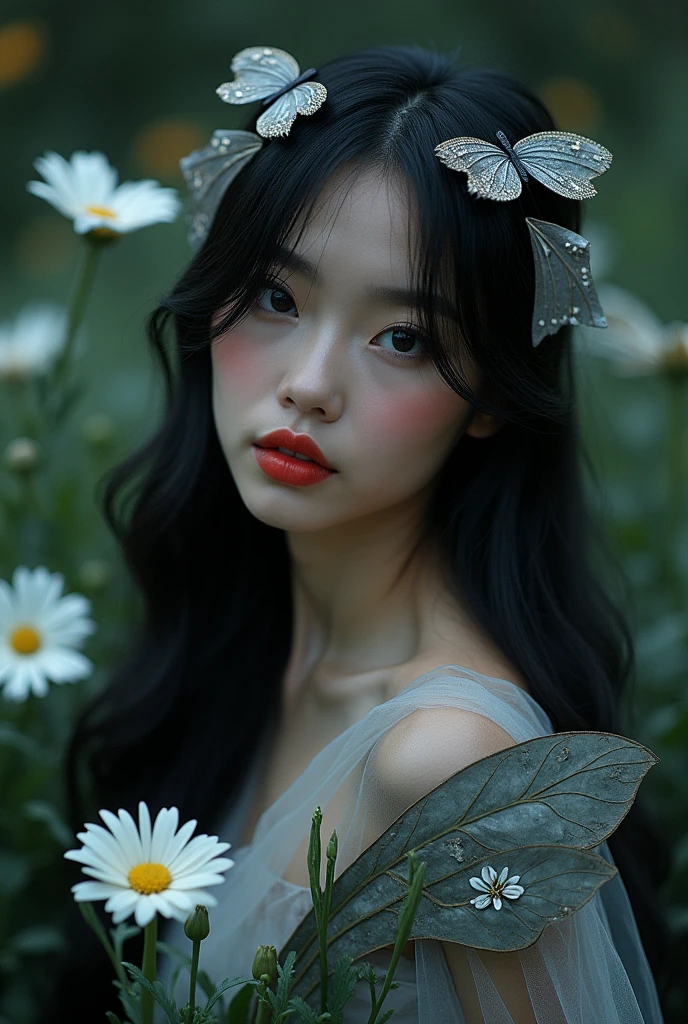 A beautiful photography woman, wearing beautiful robes made from luna moth wings and silver leaves, surrounded by moonflowers at night in the style of film set and in the style of clean shapes. Fantasy, dreamlike, surrealism, vibrant colors, cinematic lighting, cinematic composition, dramatic scene, 50mm, f2.8 , black silky hair, black eyes, thick red lips