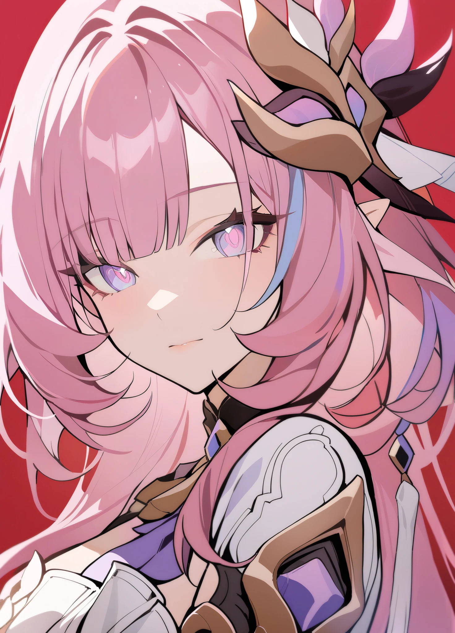 masterpiece, best quality, 1girl, solo, looking at viewer, bangs, elysia, honkai impact, pink hair, pink eyes, long hair, nail polish, hair ornament, hand up, flower, blunt bangs, closed mouth, tassel, portrait, colorful, red background, frills, multicolored hair, upper body, fingernails