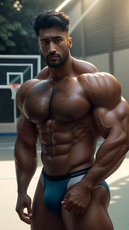 handsome guy, Vicky Kaushal, Hairy chest, mustache, buzz clip, naked,(Ultra-thin tight thong),Big bag highlights,Plump your pectoral muscles,Sexy and charming expression,Gloomy eyes,blue eyes,Basketball court outside, ((Slim, muscular)), photoactual, photo, masterpiece, actual, realism, photorealism, high contrast, photoactual digital art trending on Artstation 8k HD high definition detailed actual, detailed, Texture, hyper detailed, actual Texture, armature, best quality, 超high resolution, (photoactual:1.4),, high resolution, detailed, raw photo, Sharp Re, by lee jeffries nikon d850 film stock photograph 4 kodak portra 400 camera f1.6 lens rich colors hyper actual lifelike texture dramatic lighting unrealengine trending on artstation cinestill 800,