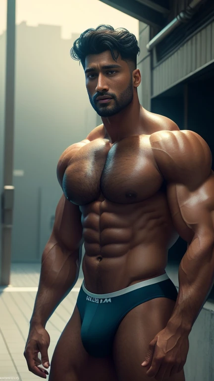 handsome guy, Vicky Kaushal, Hairy chest, mustache, buzz clip, naked,(Ultra-thin tight thong),Big bag highlights,Plump your pectoral muscles,Sexy and charming expression,Gloomy eyes,blue eyes,Basketball court outside, ((Slim, muscular)), photoactual, photo, masterpiece, actual, realism, photorealism, high contrast, photoactual digital art trending on Artstation 8k HD high definition detailed actual, detailed, Texture, hyper detailed, actual Texture, armature, best quality, 超high resolution, (photoactual:1.4),, high resolution, detailed, raw photo, Sharp Re, by lee jeffries nikon d850 film stock photograph 4 kodak portra 400 camera f1.6 lens rich colors hyper actual lifelike texture dramatic lighting unrealengine trending on artstation cinestill 800,