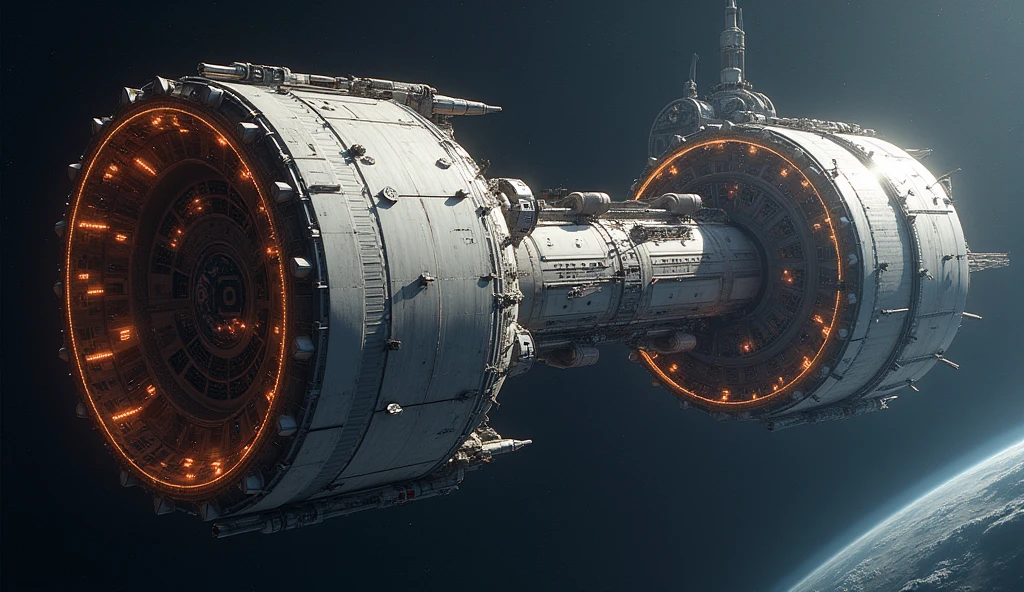 Cylindrical Design: Two massive cylinders, each with a diameter of approximately 8 kilometers and a length of about 32 kilometers. The cylinders rotate in opposite directions to maintain stability and balance. Rotation Mechanism: Designed to create artificial gravity through centrifugal force, with a rotation speed that simulates Earth's gravity on the inner surface. Exterior Shell: Constructed from materials sourced from the Moon or asteroids, providing strength and durability. Features a protective outer layer to shield against micrometeoroids and cosmic radiation. Solar Panels: Extensive solar panels mounted on the exterior to capture sunlight and generate energy for the colony. Radiators: Large radiators installed to dissipate excess heat generated by the colony's systems and inhabitants. Docking Ports: Equipped with multiple docking ports for spacecraft, facilitating transportation and logistics.