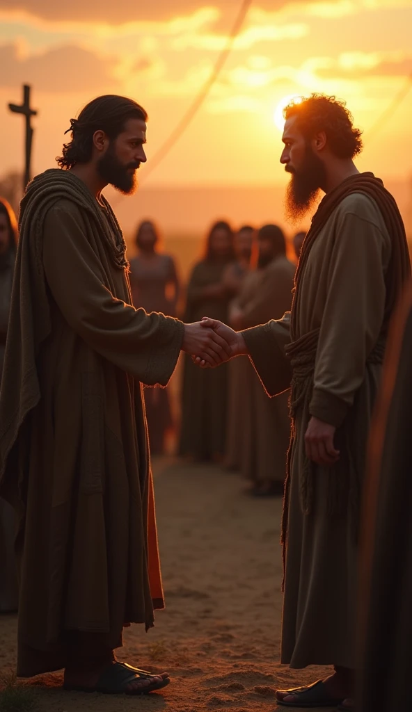 Prompt: A medium shot of Cain in bible story, as he slowly reaches out to take the elder’s hand, his expression a mix of gratitude and disbelief. The villagers begin to relax, some even nodding in approval. The sun sets in the background, casting a warm glow over the scene, symbolizing a new beginning for Cain. The atmosphere is one of cautious optimism.
Camera Angle: Medium, focusing on the connection between Cain and the elder.
Style: Realistic,cinematic, medieval period authenticity, hopeful, with an emphasis on reconciliation.
Resolution/Ratio: 4K, 16:9 aspect ratio.