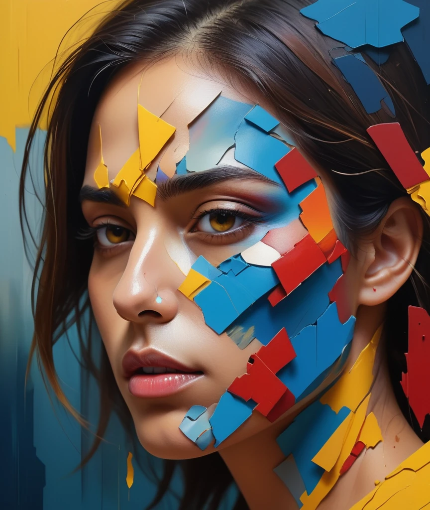 A mesmerizing digital abstract artwork that showcases a side profile of a human face facing forward looking at viewers in a vertical layout. The face is fragmented into horizontal layers that seem to be peeling or shifting, creating a sense of movement and transformation. The vibrant colors, including yellow, red, and blue, contrast with the dark, smoky background. The facial features are stylized and not realistic, with the skin color blending into the colorful layers. The artist's signature, "Tanvir Tamim," is present at the bottom right corner, signifying their exceptional artistic talent. The overall composition is dynamic and surreal, evoking a sense of energy and artistic expression., vibrant, illustration, painting