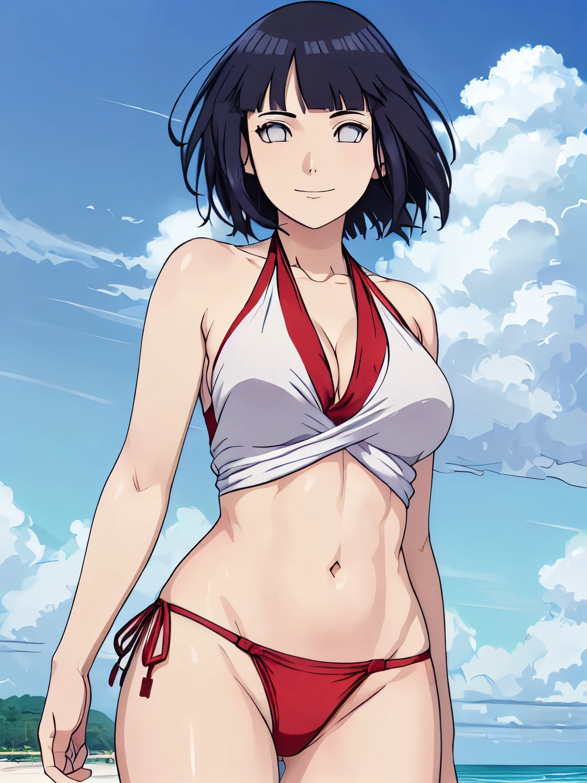 (hinata\(boruto\), (high quality:1.8), upper body:1.5, (curvy body:1.5), (ultra detailed body:1.4), (ARM UP:1.5), (beach:1.7), (anime, tall woman, cowboy shot, (defined biceps arms:1.2), ((red thong, bare arms, bare arms, bare shoulders)), (long belly:1.5), (red halter top:1.1), (wide shoulders, off-shoulders), smile), ((big breasts:1.0)) ,(cleavage:1.0), closed mouth), ((pale skin)). ((dark blue:1.3, short hair, hime cut، loose hair, floating hair, floating hair:1.0),

