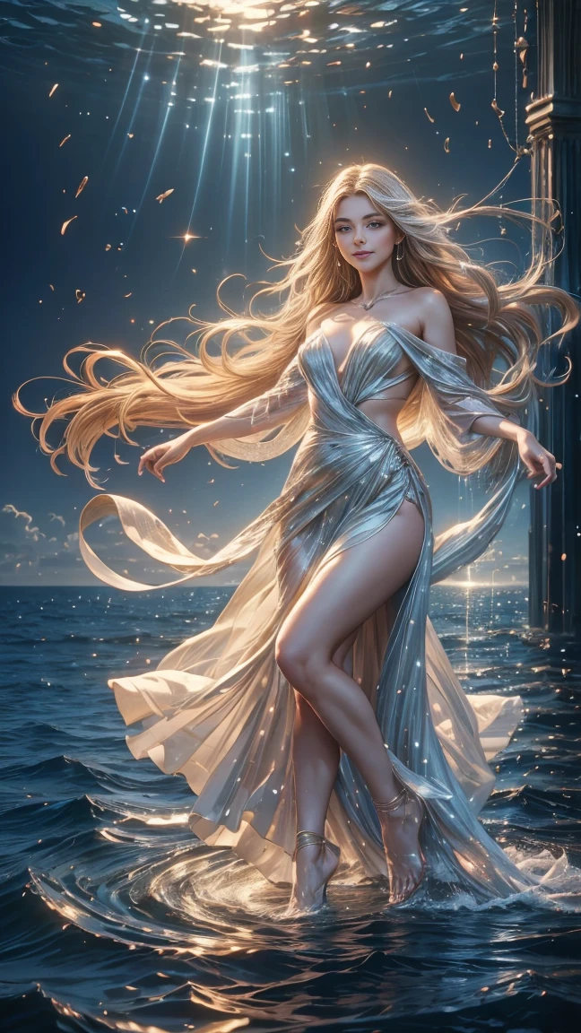 (best quality,4k,8k,highres,masterpiece:1.2),ultra-detailed,(realistic,photorealistic,photo-realistic:1.1),portraits,colorful,soft lighting,dreamy,flowing dress, smiling, (a girl Dancing on the Sea Surface), Dancing, full body, water reflections,emotion,graceful movement,endless horizon, serene atmosphere,gentle waves,blissful expression,wind-blown hair,seamless integration of elements,smooth and flawless skin,sparkling eyes,fantastical setting,aesthetic elegance,poetic symmetry, By the beach