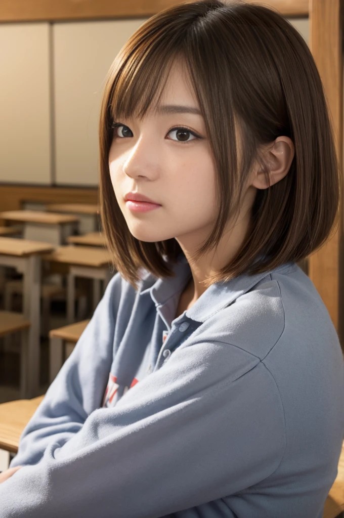 Cute 2 Japanese、University、Large classroom、barely、Highly detailed face、Eye on the details、double eyelid、Beautiful thin nose、Sharp focus:1.2、beauty:1.4、(Light brown hair、short hair、Highest quality、illumination、masterpiece、Ultra-high resolution、whole body、(Realistic:1.4)、whole bodyヌード、