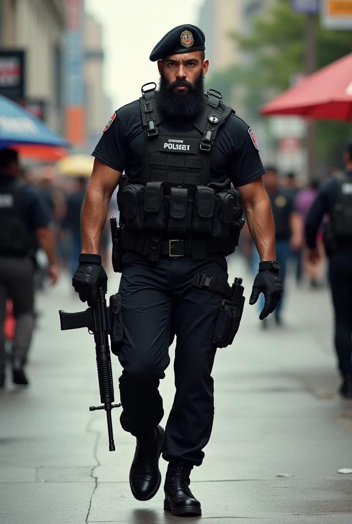 Young, strong, bearded Puerto Rican police officer, in black military police tactical uniform, Lottery, Special Operations, boina preta, rifle in hand, black boot, to approach a conversation on the street.