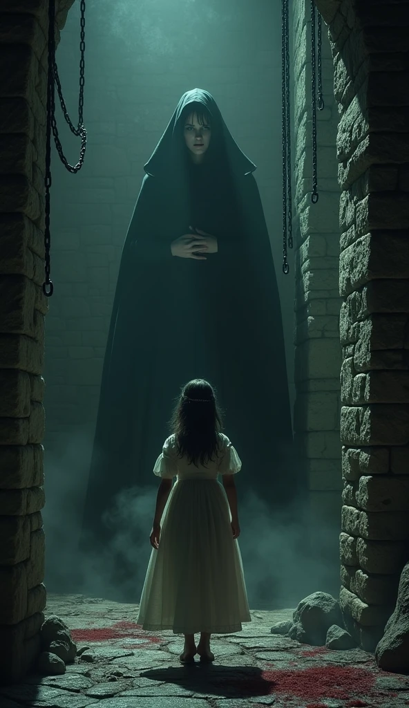Close-up shot, Low angle shot, (A haunting, nightmarish scene in the depths of a stone dungeon. The walls are damp and cold, with chains hanging from the ceiling and blood stains on the floor. Elizabeth Báthory is depicted in the background, her face partially obscured by shadow, her expression unreadable. In the foreground, ghostly images of young girls with terrified expressions appear faintly, their ethereal forms suggesting the rumors of torture and death. The overall atmosphere is one of fear and dread, with the dungeon’s dark, oppressive environment adding to the horror.) unreal engine, cinematic, hyper-real, highly detailed, Ultra realistic HD --q 2 --v 6.1 --ar 9:16