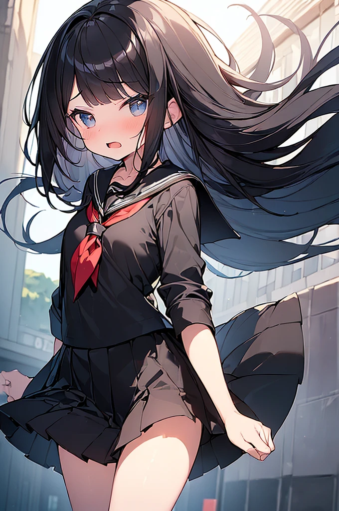 (Masterpiece, Top quality:1.5), nsfw, (dynamic angle:1.2), (1 beautiful girl, solo:1.2), (big eyes:1.3), (black sailor suit, black pleated skirt:1.2),  (black hair:1.3), long Hair, straight Hair, asymmetry bangs, swept bangs, junior high school student, shy:1.1, blush:1.2, beautiful scene of street, dynamic pose, open mouth
