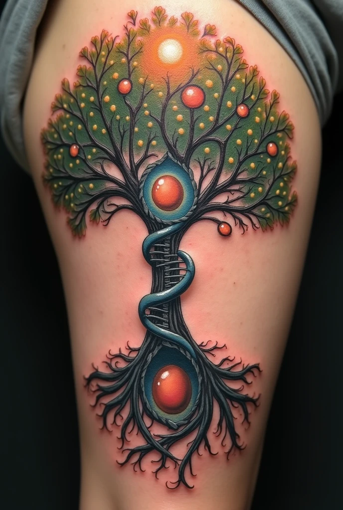 Create a detailed Tree of Life tattoo with the following elements:

- **Roots:** The roots of the tree should be represented as a DNA double helix. At the ends of these roots, each tip must be shaped like sperm, symbolizing the path of the sperm to fertilization.
  
- **Caule:** 
  - At the beginning of the stem, there must be an egg in metaphase 2.
  - Just above, the fertilized egg must be shown.
  - Climbing higher up the stem, there must be a representation of embryonic cleavage at D2, with 2 cells.
  - Further up, cleavage at D3 with 8 cells.
  - Even higher up, a representation of a Morula.
  - At the top of the stem, there must be a Blastocyst.

- **foliage:** The leaves of the tree must represent a placenta, with a baby growing inside, symbolizing the development of life.

- **General Style:** The tattoo should have a biological and naturalistic style, with details that show the process of life development, from conception to the fetal stage, integrating into the tree structure.