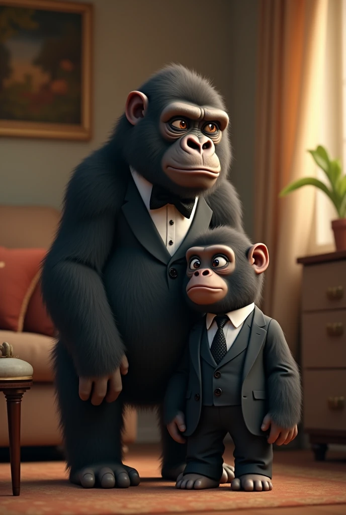 Adult gorilla and baby gorilla both in suit house in background