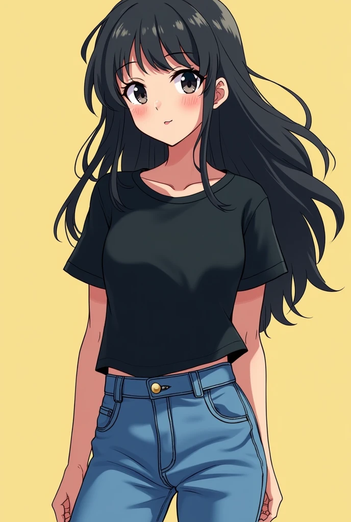 Create a image of a teenager girl wearing black tshirt and blue jeans in 2d anime style long black hair average height