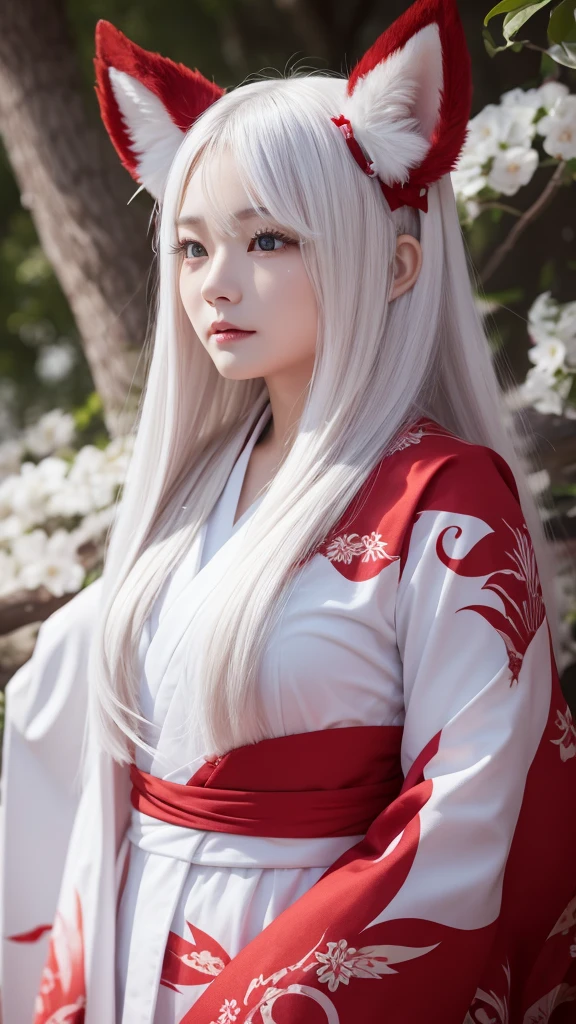 White Demon Fox、Nine-tailed Fox、Japanese women、kimono、Fair skin、Red lines on face、8K、I have long hair