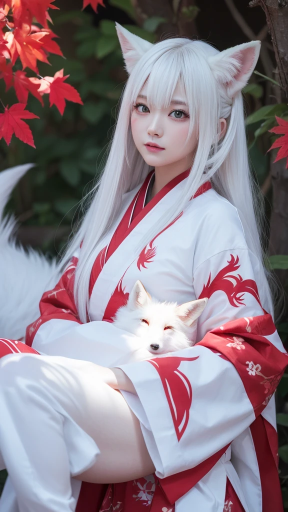 White Demon Fox、Nine-tailed Fox、Japanese women、kimono、Fair skin、Red lines on face、8K、I have long hair