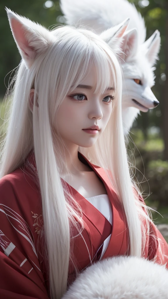 White Demon Fox、Nine-tailed Fox、Japanese women、kimono、Fair skin、Red lines on face、8K、I have long hair