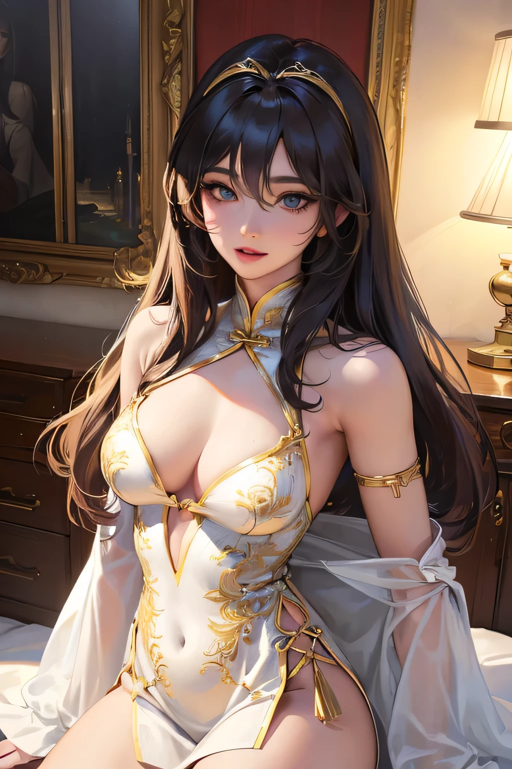 masterpiece, top quality, super detailed, high resolution, (realistic, photorealistic:1.37), excellent anatomy, beautiful 1 woman, 8k, super adopted, ultra-fine illustrations, active pause, dynamic angle, indoor, shiny, bright, rim light, alone, perfect female body, big hair, fluffy hair, air van, long bangs between the eyes, round face, blue eyes, smile, open your mouth, medium sized, well-proportioned chest, full body, tight mini Chinese dress, best light, best shadow, mysterious, perfect face, highly detailed,