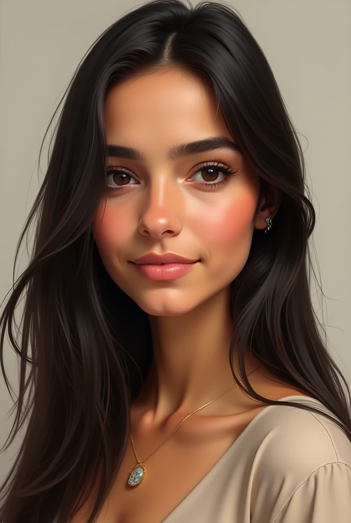 Portrait of a young French woman of Algerian origin, 1, 1.58 meters tall, straight hair