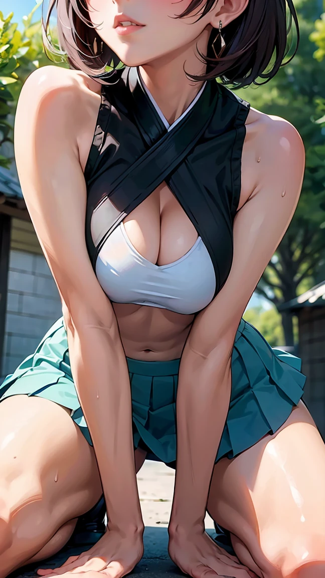 ((((highest quality)))), (((Ultra-precision CG 16K))), (((masterpiece))), (((Very detailed))), (((Extremely detailed))), (((Black outline:1.3, Written boundary depth:1.3 , Written soft outline))), Maximum clarity and sharpness,Multilayer Texture, Surface Shading, Cinematic lighting, Beautiful details sparkle ,Perfect Proportions, Limited to three woman, BREAK accurate, Anatomically correct, Highly detailed face and skin texture, drawn in detail, Highly detailed facial and skin texture, Detailed eyes, beautiful hair, Beautiful Japanese Idol face, Beautiful and beautiful eyes, Beautiful body, Beautiful breasts, Beautiful thighs, Beautiful legs, Beautiful fingers, (Beautiful views) , skinny body, ((Beautiful Skin)), ((Skin Texture)) BREAK breast enlarged, medium Breasts, rocket breasts, (((perky breasts))), (covered nipples), slender waist, ( narrow eyes, blush, determined expression, hot, sweaty , Heavy breathing,) , (streaked hair, hair intakes, colored inner hair, ) BREAK (((wearing clothes in the form of strings printed literals, wearing outfit in casual way, wearing pleats mini-skirt, breasts is covered by outfit))) , wearing earrings, BREAK ( stick breast out),(((looking at viewer, super detailed background , ))), BREAK ((extremely close bustup shot, looking at viewer, \(face waiting for kiss\):1.3), bending over,)), (natural make),