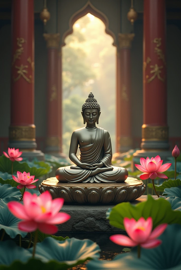 god々A wonderfully peaceful Buddha statue、Market sentiment、An atmospheric temple、Cinematic lighting、Lotus flowers in full bloom