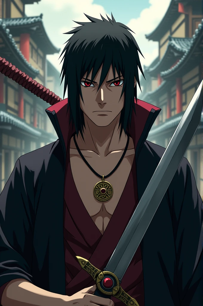 An adult in the Naruto universe from the Uchiha clan who has black hair, a necklace with the Uchiaha clan symbol on it and a large sword