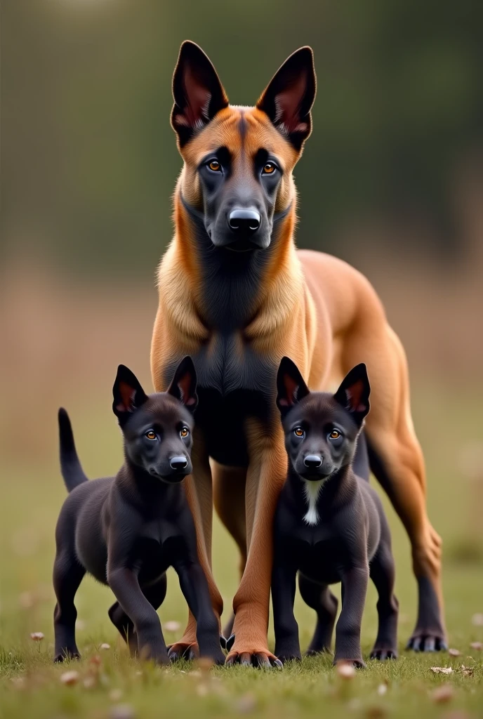 1 mother pawn sable Belgian malinois with black foot and 2dark puppy add 1 dark puppy with white chest mark lying 