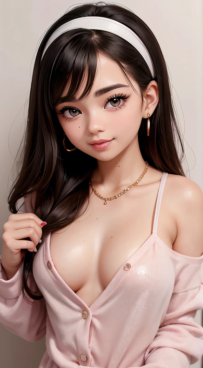 Amazing portrait of the upper body of a young woman who is 20 years old with a beautiful and highly detailed face and skin texture with fine brown eyes with double eyelid and thin eyebrows and glitter eyeliner with natural cheeks and shiny skin wearing pajamas paired with a sparkly necklace and earrings with glossy lips parted in an enchanting smile with wavy sorry e hair in diagonal bangs with a head band with focus on her chest and face with this upper body shot and her pajamas are off shoulder with small breasts