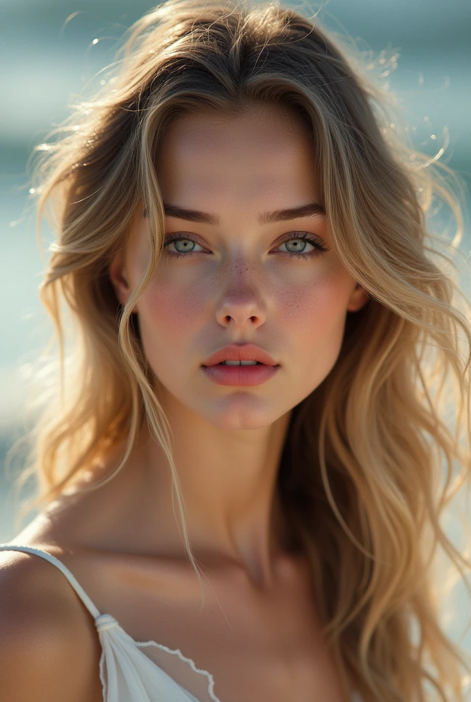 Create a realistic photo of beautiful 2 young adult Estonian girl with dyed blonde and dyed triped cherry brown long wavy hair , have oily skin and Little tanned skin , have arched thin brown eyebrows, have narrow upper lips and wearing natural mermaid makeup and pink lipgloss of lips and have lighted moon grey coloured almond shaped eyes and have square shaped face , symmetrical face and low cheekbones and wearing white Moon dress and have aura energy colour behind her as background