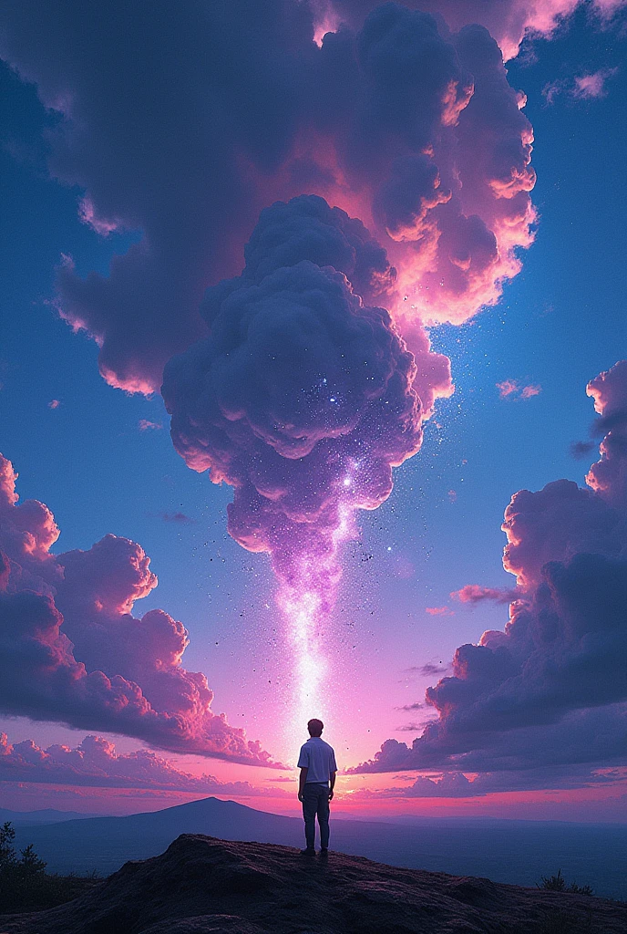 As if the sky is disfigured and I can see it from the earth, It's like something too far away has exploded and affected our sky., looking like a broken TV screen, with black spots and violet and blue colors