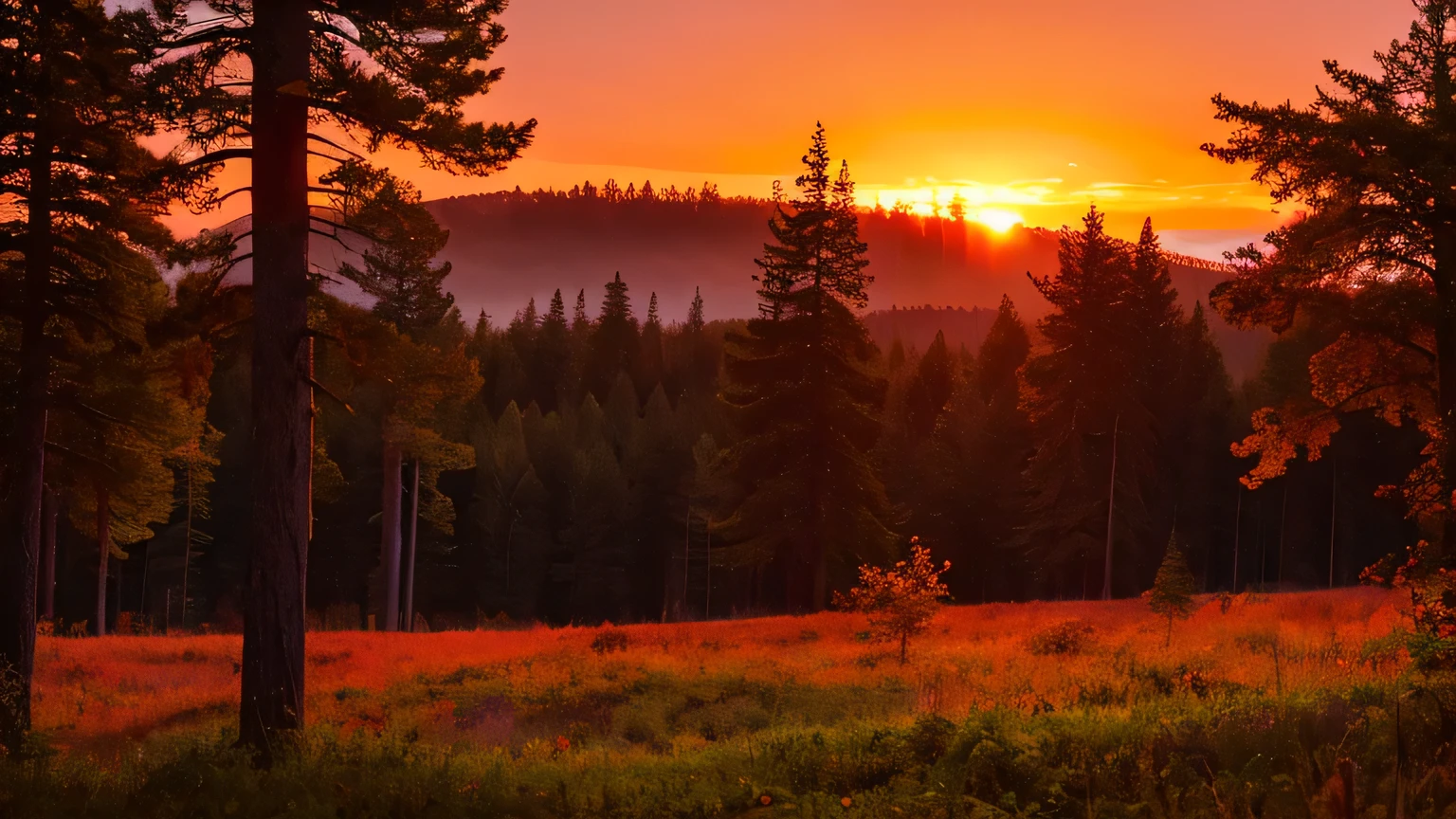 Summer evening, Twilight Forest, Red Sky
