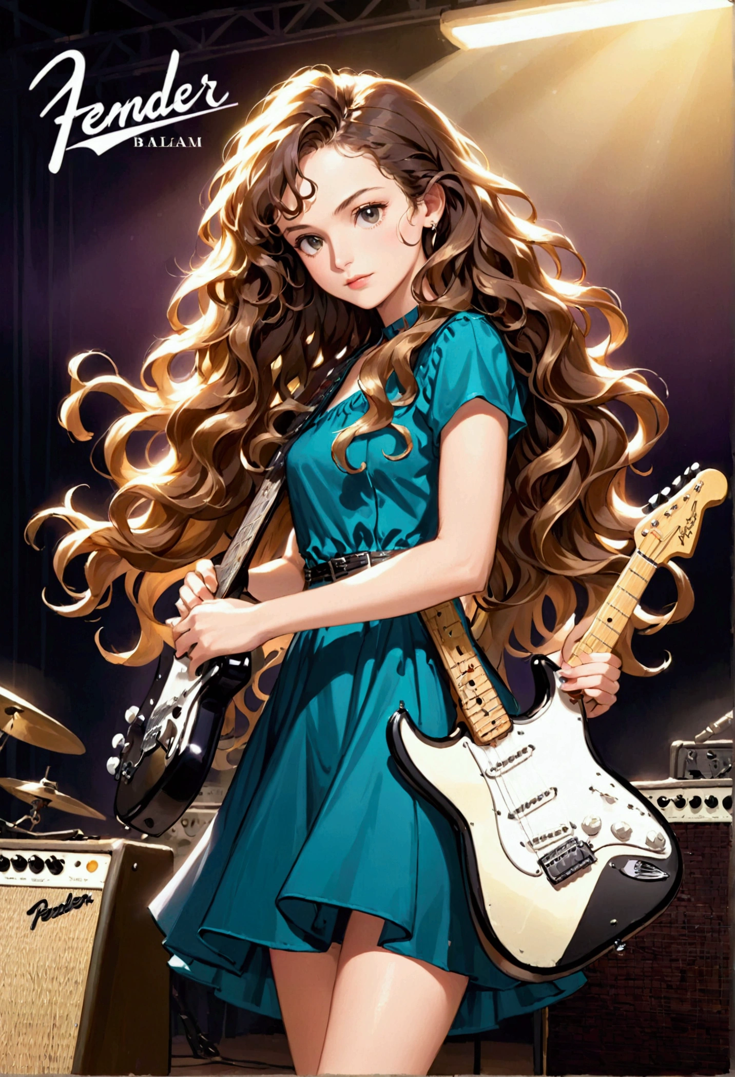 Long curly hair with fender Stratocaster guitar wearing a 90s style dress with the background that writes Tony Balsam on it