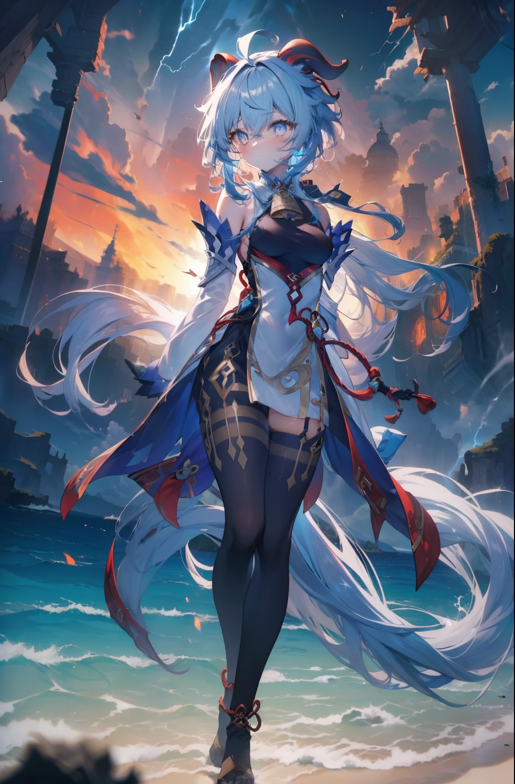 ganyu \(genshin impact\), (small breasts:1.2),dynamic pose, 1 Foxgirl, evil laugh, fox ears, long black hair, cute dress, black knee socks, glowing dress, glowing hair,
brechen looking away, hole body,
Breaking outdoors, beach, night break (​masterpiece:1.2), highest quality, High resolution, Unity 8k Wallpaper, (form:0.8), (narrow and beautiful eyes:1.6), very detailed face, perfect lightning, Very detailed CG, (perfect hands, perfect anatomy),