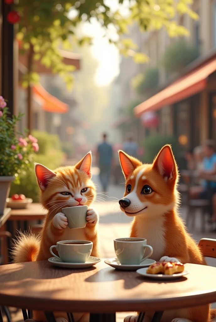 Type: Ultrarealistic
Subject: The cat and dog duo sitting at an outdoor café table, both enjoying a relaxing moment with a cup of coffee. The cat is holding a small coffee cup in its paws, sipping contentedly, while the dog has a larger mug in front of it, wearing a relaxed and happy expression. Both are seated comfortably, with the cat leaning slightly towards the dog, showing their close bond. They are surrounded by the lively atmosphere of a café, with both looking peaceful and content.
Environment: A charming outdoor café setting with a bustling street in the background. The table is set with coffee cups, a small vase with flowers, and perhaps a plate of pastries. The background features other café-goers, green plants, and warm sunlight filtering through the trees, creating a lively yet relaxed atmosphere.
Art Style: Photorealistic with detailed textures on the cat’s fur, the dog’s expression, the coffee cups, and the café surroundings. The scene should exude warmth, relaxation, and the simple joy of a coffee break.
Lighting: Warm, natural sunlight that bathes the scene in a golden glow, highlighting the textures of the fur, the coffee cups, and the outdoor setting, enhancing the peaceful mood.
Camera: Medium-angle shot, focusing on the cat and dog at the table, with the café and street life in the background slightly blurred to keep the focus on their happy and relaxed expressions.
Resolution: 4K, high-definition, capturing the fine details of their fur, the coffee, and the charming outdoor café setting.
{Ultrarealistic cat and dog enjoying coffee, outdoor café, relaxed atmosphere, photorealistic, high-definition, medium-angle shot}