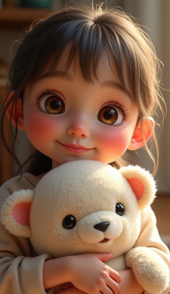 Create an extra realistic image of a  boy named Loris with big, gentle eyes and long lashes, smiling sweetly. He has full, rosy cheeks and is dressed in a soft, pastel-colored sweater. The photo captures him hugging a plush teddy bear, sitting comfortably on a bed with soft pillows. The image is taken with a telephoto lens (85mm f/1.4) to blur the background slightly while keeping his affectionate expression and the details of the teddy bear in sharp focus. A slight zoom is applied to emphasize the warmth and tenderness of the moment. Ensure that his hands are visible with exactly five fingers. Negative prompt: No additional fingers, out of frame, lowres, text, error, cropped, worst quality, low quality, jpeg artifacts, ugly, duplicate, morbid, mutilated, out of frame, extra fingers, mutated hands, poorly drawn hands, poorly drawn face, mutation, deformed, blurry, dehydrated, bad anatomy, bad proportions, extra limbs, cloned face, disfigured, gross proportions, malformed limbs, missing arms, missing legs, extra arms, extra legs, fused fingers, too many fingers, long neck, username, watermark, signature.
