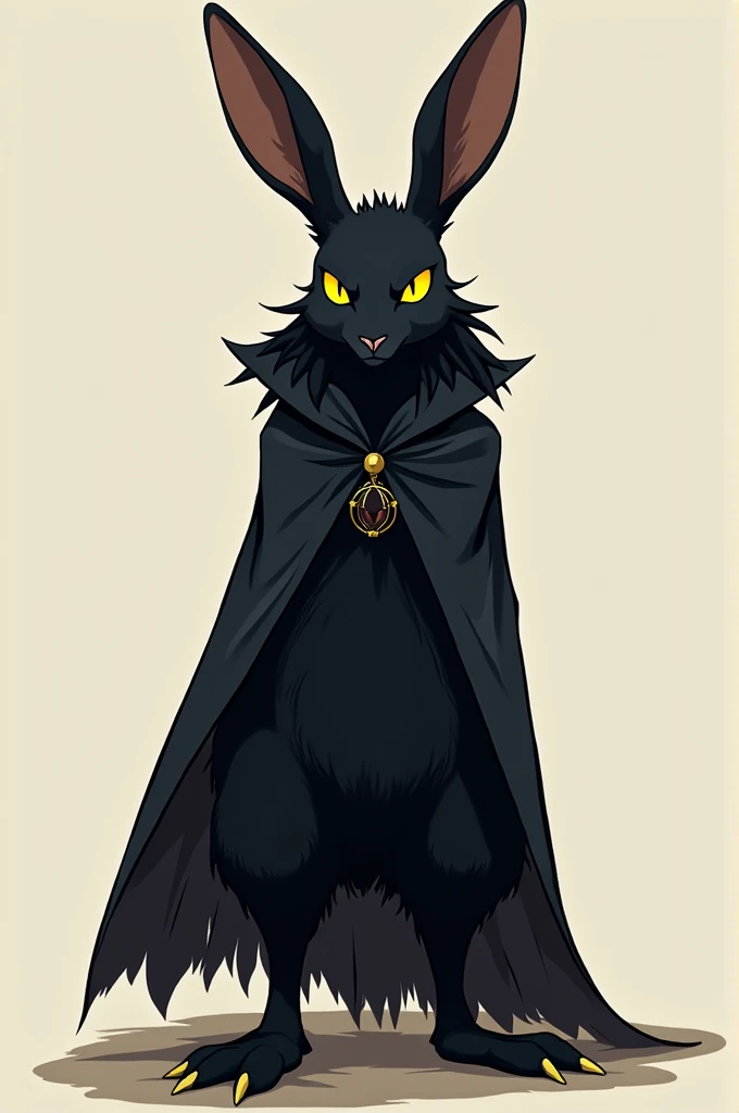 a heron (humanoid hare that walks on two legs) Its fur is completely black and its eyes have a very strong yellowish color and shine, She has long hair, She has hare ears and in her right ear she has a golden earring, he wears a black cloak that stretches to the ground, she is threatening, 2d