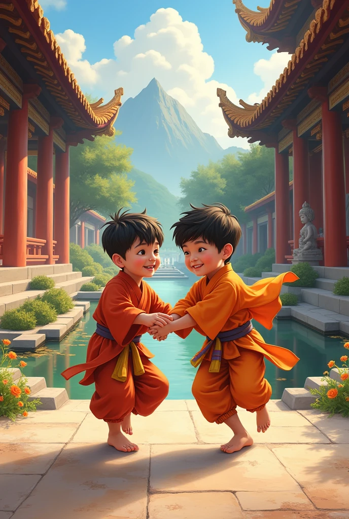 2 brother playing with brother at temple