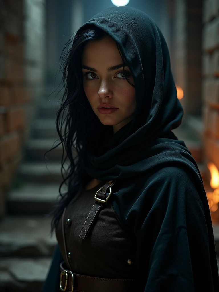 (masterpiece:1.2), (best quality:1.2), 8k, HDR, ultra detailed, ((photorealistic)), professional light, cinematic lighting, fashion photography, ambient lighting, background, a dark medieval dungeon, Darkness, epiCPhoto, fire, stairs, A female thief in cloth armor, shadow and light on her face. Black hair and eyes. Thick lips