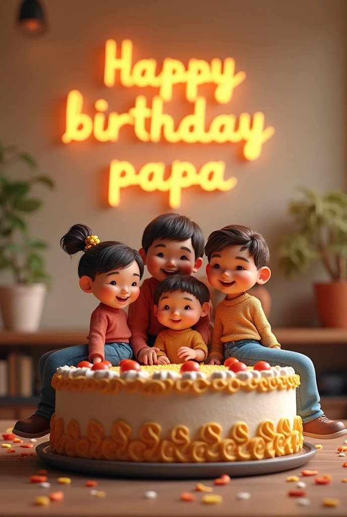A 4 man sitting on a cake, happy birthday papa written behind the wall
