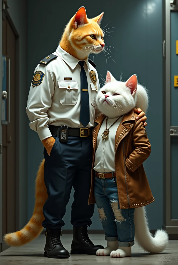 A yellow and gray  stylish tall cat dressed in white police uniform  putting Hand on the shoulder of white cat dressed in brown jacket with studs and blue tattered jeans and white pony tail crying in police station 