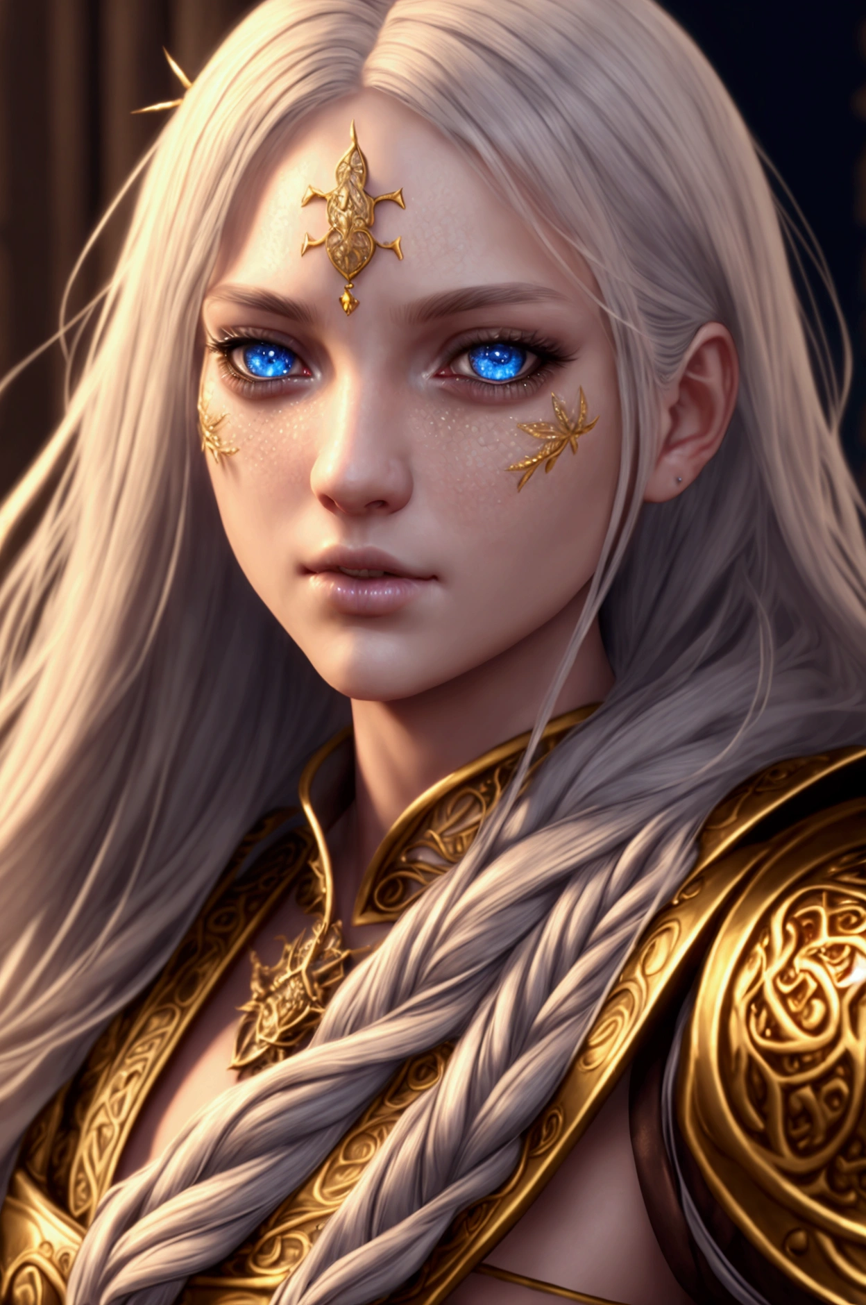 2d RPG character,1girl,beautiful detailed eyes,beautiful detailed lips,extremely detailed face and features,long eyelashes,intricate fantasy outfit,medieval inspired armor,detailed ornate jewelry,golden hair,mystical aura,dramatic lighting,dark fantasy,muted color palette,cinematic composition,(best quality,8k,highres,masterpiece:1.2),ultra-detailed,(realistic,photorealistic,photo-realistic:1.37)