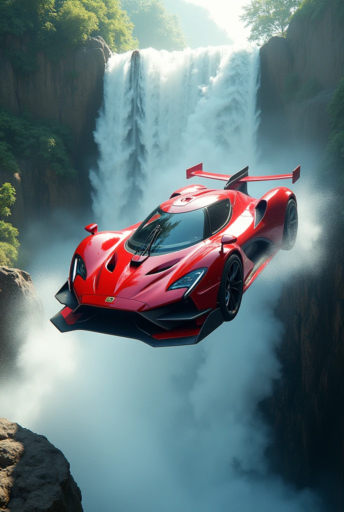 A red Car with wings in a waterfall