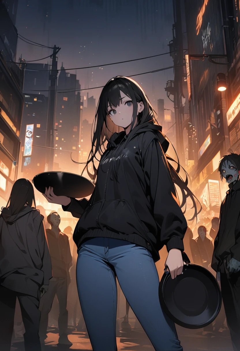 (BEST QUALITY), (MASTERPIECE), illustration, Extremely_detail, 4k wallpaper , midnight, girl, black hoodie parka, blue jeans, 1 , black Hair, long hair, black eyes, holding a frying pan, smart, Background of the city, Zombies