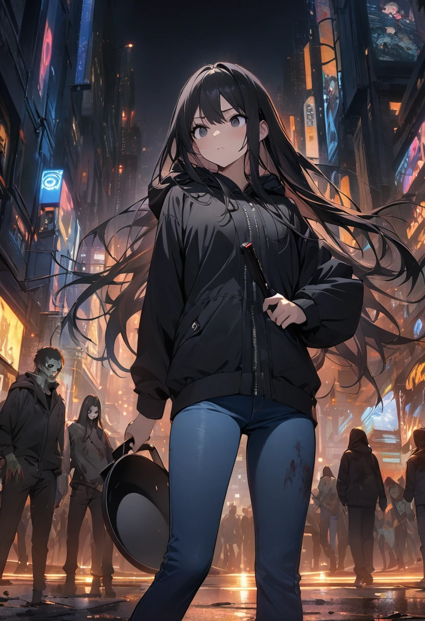 (BEST QUALITY), (MASTERPIECE), illustration, Extremely_detail, 4k wallpaper , midnight, girl, black hoodie parka, blue jeans, 1 , black Hair, long hair, black eyes, holding a frying pan, smart, Background of the city, Zombies